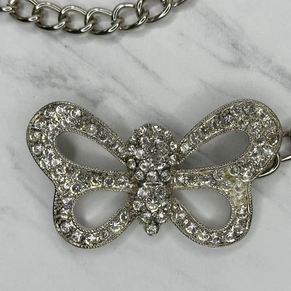 Womens Rhinestone Butterfly Chain Belt Silver Tone Chunky XS/Small ✨